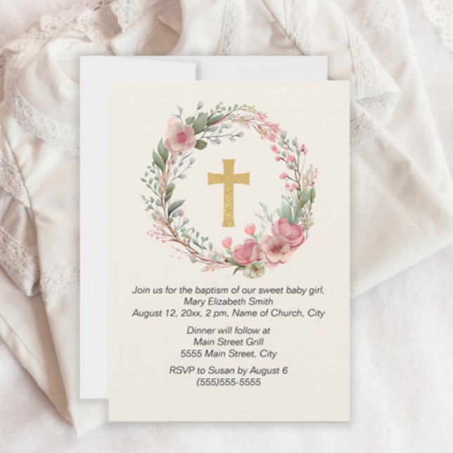 Invitation Girl Gold Cross rose Floral Baptême religieux (Créateur téléchargé)
