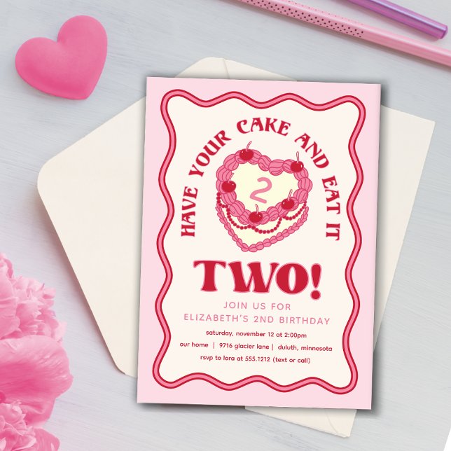Invitation Girl Pink Avoir votre gâteau et le manger deux Ann (Have Your Cake and Eat it Two Birthday Invitation)