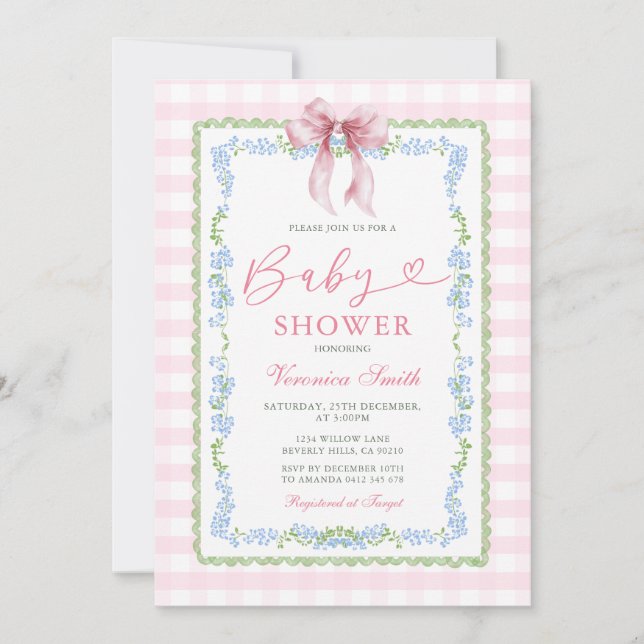 Invitation Girl Pink Grandmillenial Baby Shower Gingham (Devant)