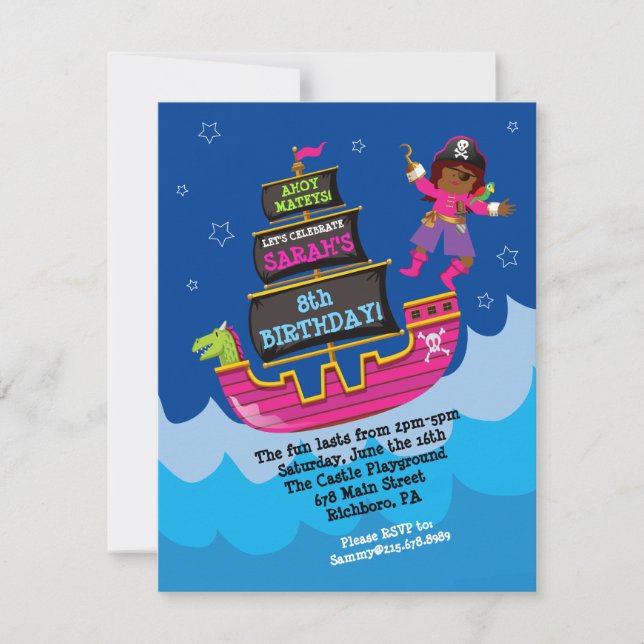 Invitation Girl Pirate Dragon Ship Anniversaire Fête Invitati (Devant)