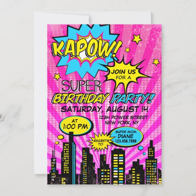 Invitation Girl Power Super Hero Comic Book Anniversaire (Devant)