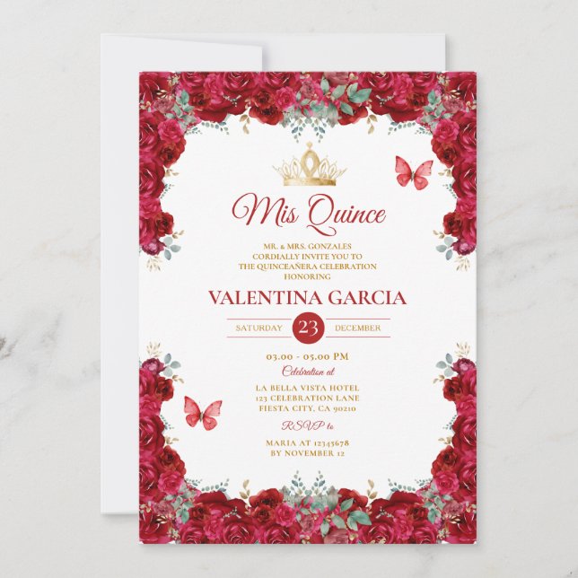 Invitation Girl Red Quinceañera 15 Anos Flowers Gold Crown (Devant)