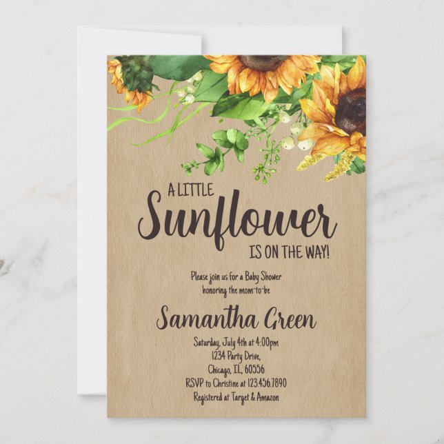 Invitation Girl Rustic Sunflower Baby Shower (Devant)