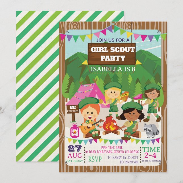 Invitation Girl Scouts Camping Birthday Party  (Devant / Derrière)