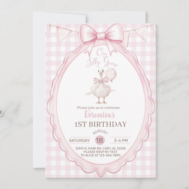 Invitation Girl Silly Goose 1st first birthday invite, goose. (Devant)