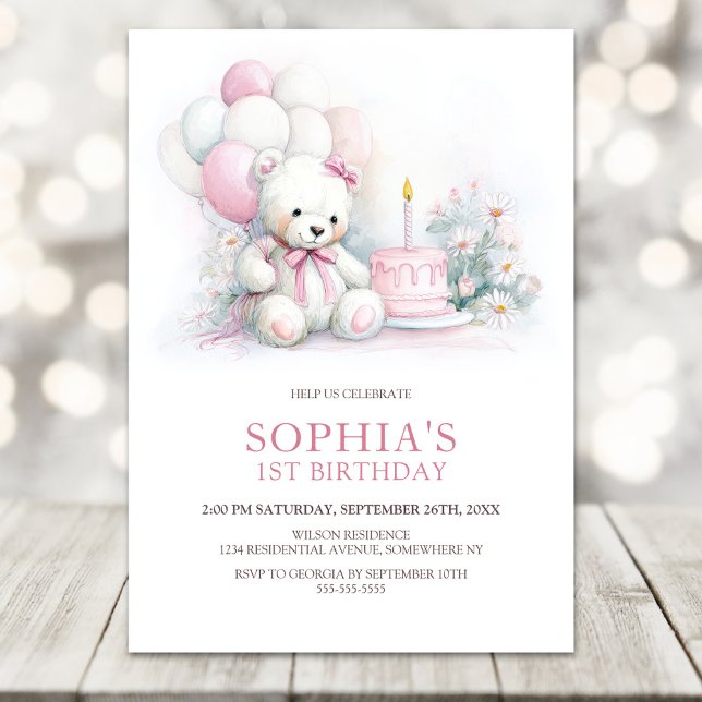 Invitation Girl Teddy Bear with Balloons 1st Birthday (Créateur téléchargé)