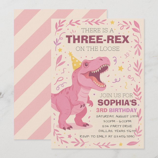 Invitation Girl Three-Rex Dinosaur Birthday (Devant / Derrière)