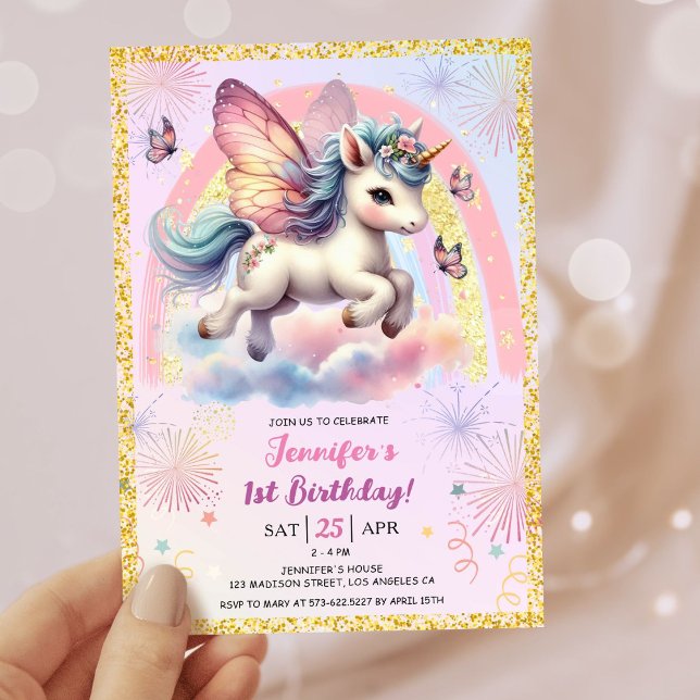Invitation Girl Unicorn Gold Parties scintillant rose 1er ann (#UnicornBirthdayInvitation #UnicornBirthdayInvitationTemplate #UnicornBirthdayInvitationEditable 
)