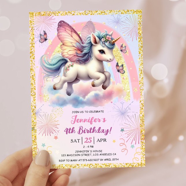 Invitation Girl Unicorn Gold Parties scintillant rose 4e anni (#UnicornBirthdayInvitation #UnicornBirthdayInvitationTemplate #UnicornBirthdayInvitationEditable 
)