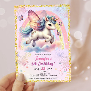 Invitation Girl Unicorn Gold Parties scintillant rose 5e anni