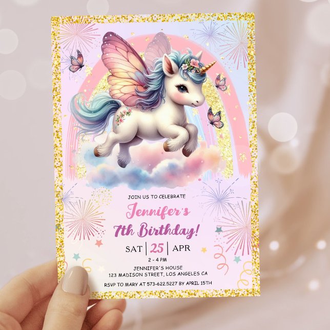 Invitation Girl Unicorn Gold Parties scintillant rose 7e fête (#UnicornBirthdayInvitation #UnicornBirthdayInvitationTemplate #UnicornBirthdayInvitationEditable 

)