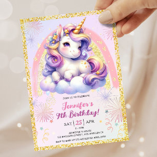 Invitation Girl Unicorn violet rose & or 9e fête d'anniversai