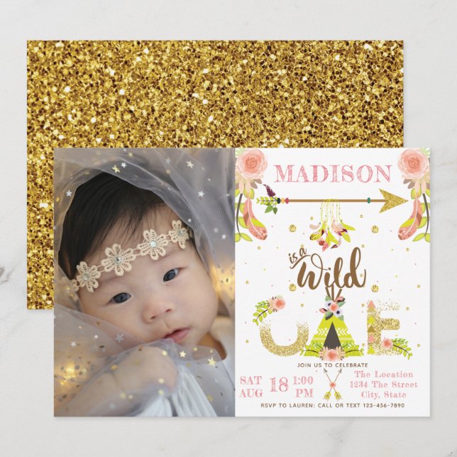 Invitation Girl Wild One Boho photo d'anniversaire (Devant / Derrière)