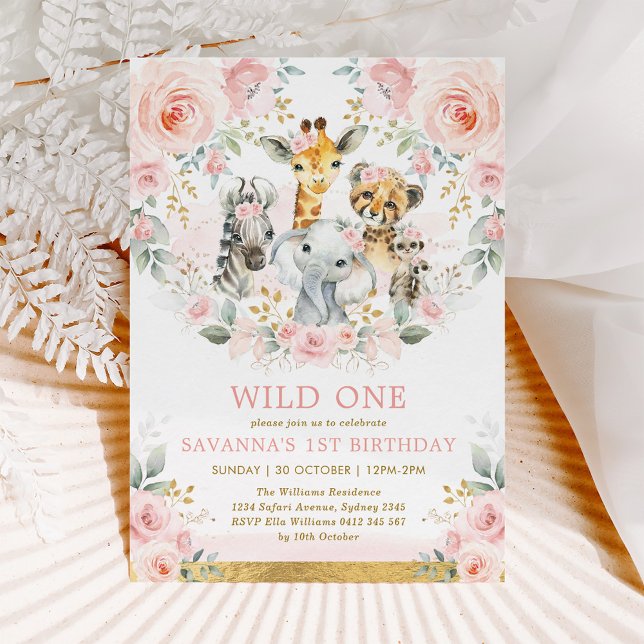 Invitation Girl Wild One Jungle Safari Blush Floral Anniversa (Créateur téléchargé)