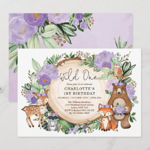 Invitation Girl Wild One Purple Floral Woodland 1er Anniversa