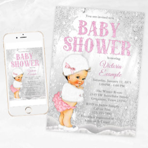 Invitation Girl Winter Wonderland Baby shower Brunette Girl