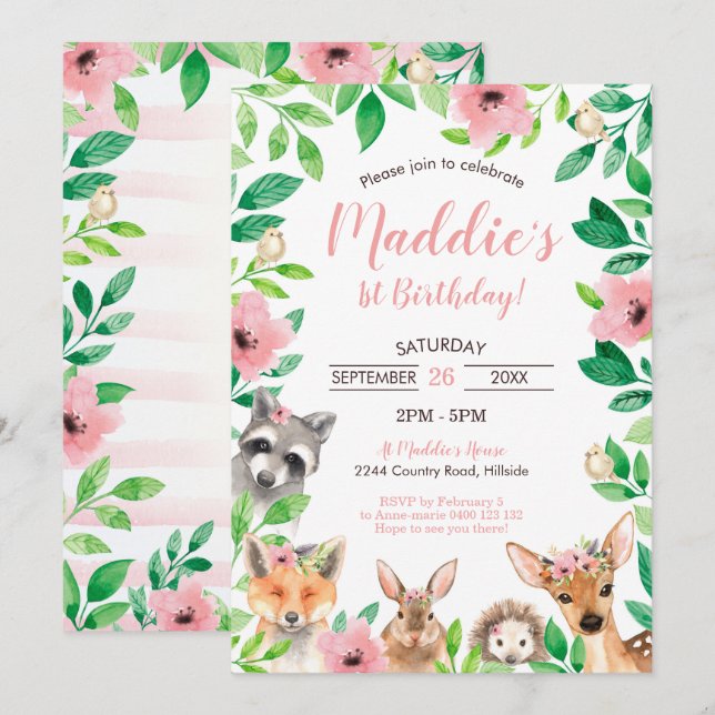 Invitation Girl Woodland 1er Anniversaire Animaux (Devant / Derrière)