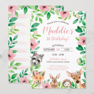 Invitation Girl Woodland 1er Anniversaire Animaux