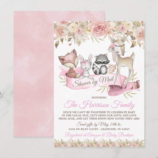 Invitation Girl Woodland Animals Mail Baby shower virtuel (Devant / Derrière)