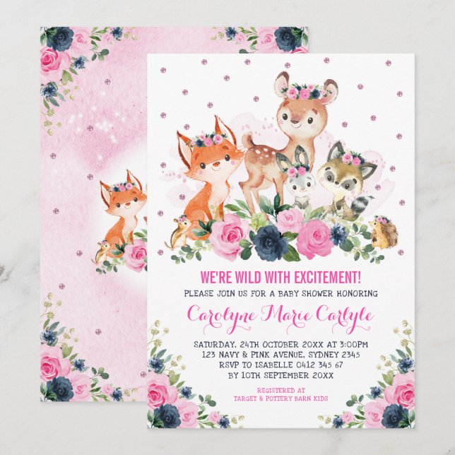 Invitation Girl Woodland Animaux Marine Baby shower rose flor (Devant / Derrière)