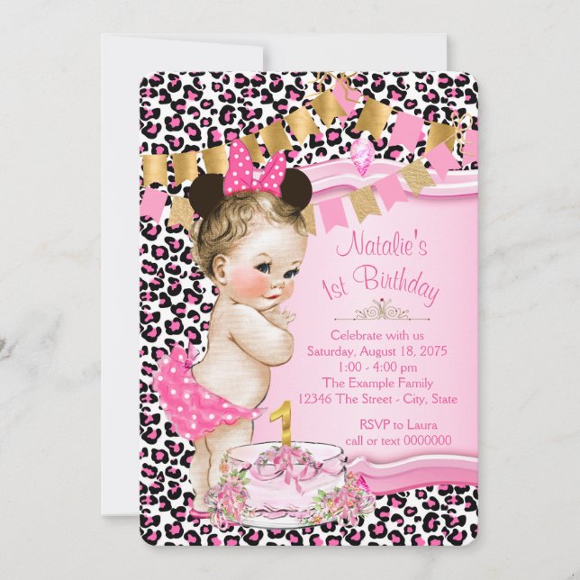 Invitation Girls Chic Pink Leopard 1er anniversaire (Devant)