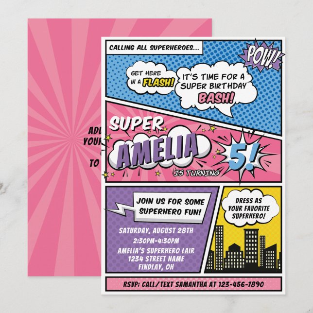 Invitation Girls Comic Style de livre Superhero fête d'annive (Devant / Derrière)