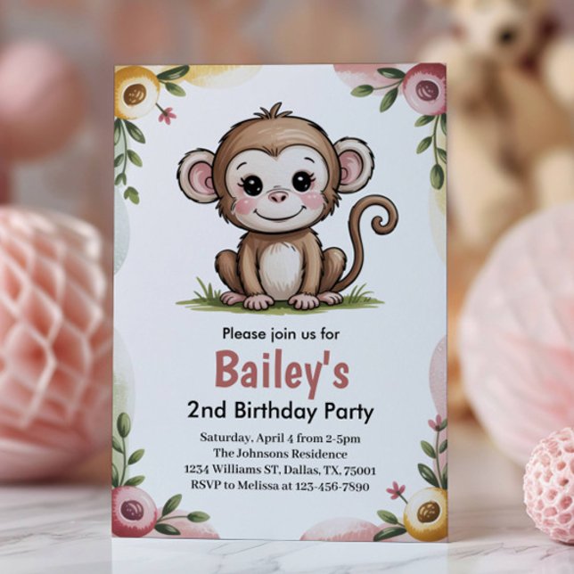 Invitation Girls Cute Monkey Jungle Birthday Party (Créateur téléchargé)