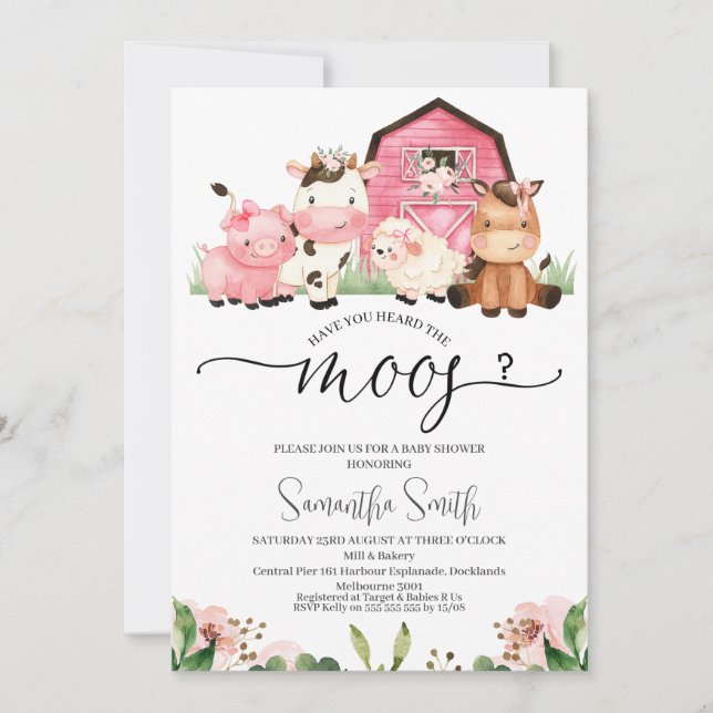 Invitation Girls Farm Avez-Vous Entendu Le Baby shower Moos (Devant)