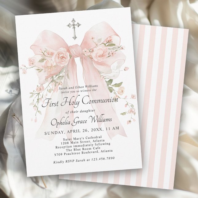 Invitation Girl's First Holy Communion Pink Floral Bow (Available in both printed and instant download digital formats.)