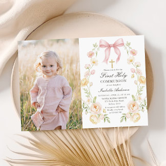 Invitation Girl's First Holy Communion Pink Floral Bow Photo