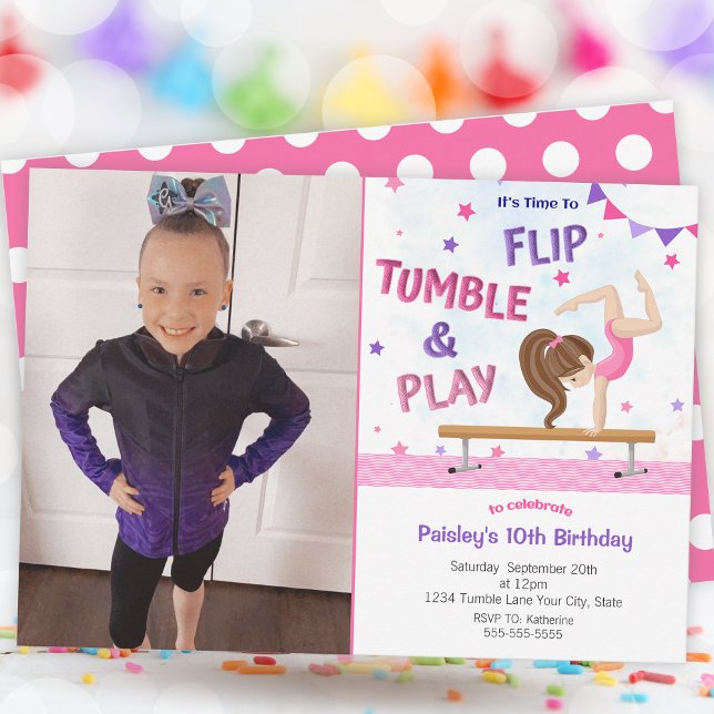 Invitation Girls Gymnastique Photo Anniversaire (Girls Gymnastics Photo Birthday Party Invitation)