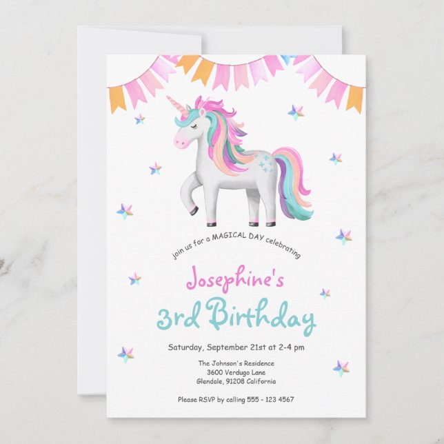 Invitation Girls Magical Unicorn 3e fête d'anniversaire (Devant)