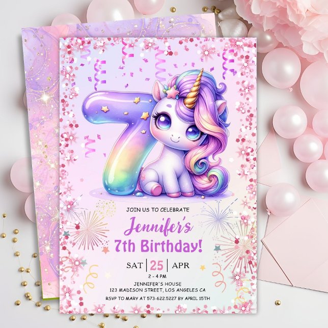 Invitation Girls Magical Unicorn 7e fête d'anniversaire (Créateur téléchargé)