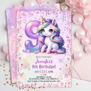 Invitation Girls Magical Unicorn 9e fête d'anniversaire