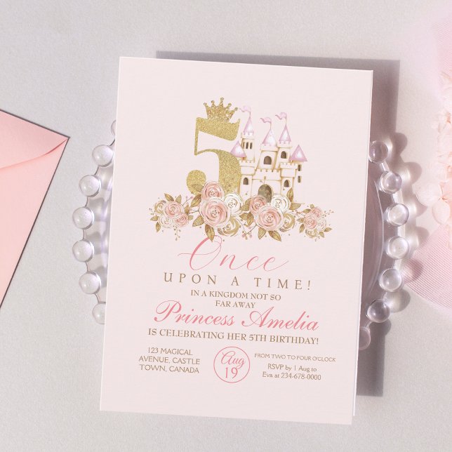 Invitation Girls mignonne Pink Gold Castle Enfants 5e anniver (Créateur téléchargé)