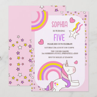 Invitation Girls mignonne rose Unicorn Enfants 5e anniversair