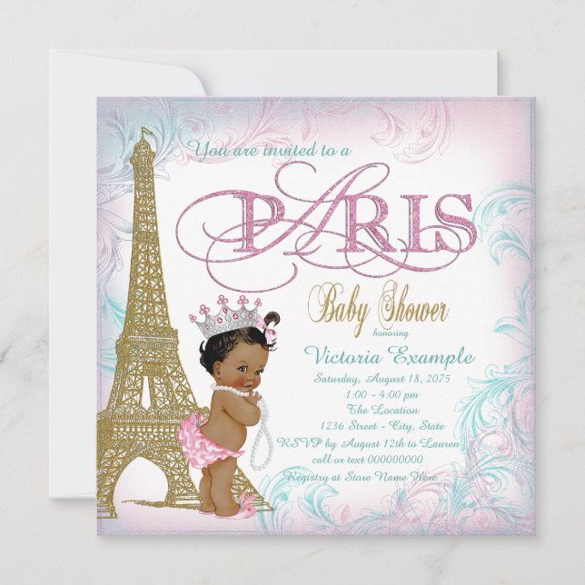 Invitation Girls Paris Baby shower Rose or perles Turquoises (Devant)
