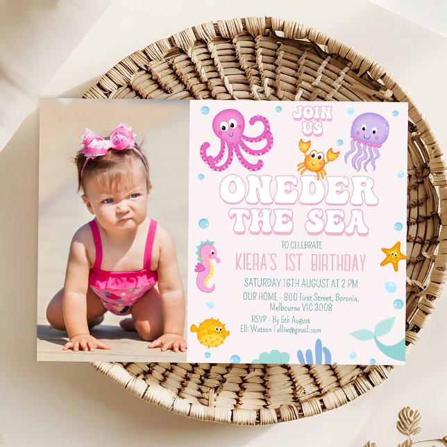 Invitation Girls Pink Photo près de la mer 1er anniversaire (Photo Oneder the Sea 1st Birthday Invitation Template Girl, Pink Under The Sea 1st Birthday Invite)