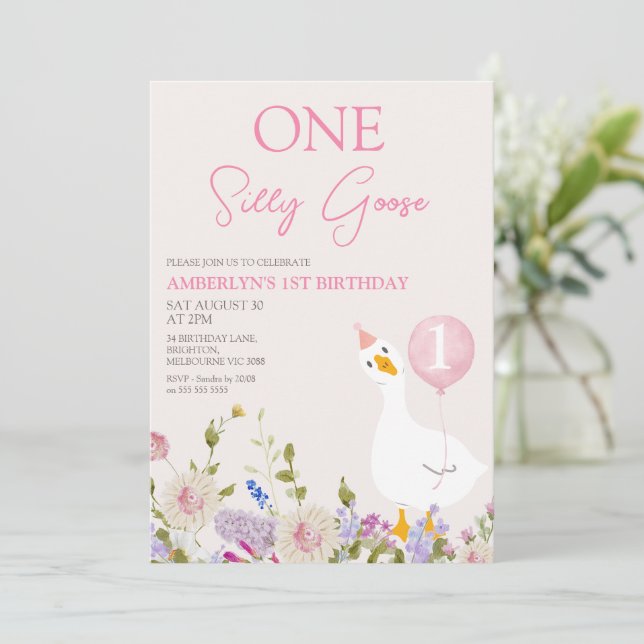 Invitation Girls Pink Wildflower One Silly Goose 1st Birthday (Debout devant)