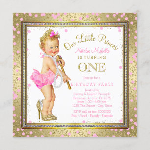 Invitation Girls Princess 1er Anniversaire Fête Pink Gold