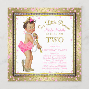 Invitation Girls Princess 2e anniversaire fête Pink Gold