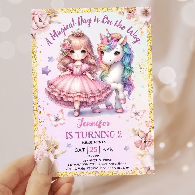 Invitation Girls Princess Unicorn 2e anniversaire Pink Gold (Créateur téléchargé)