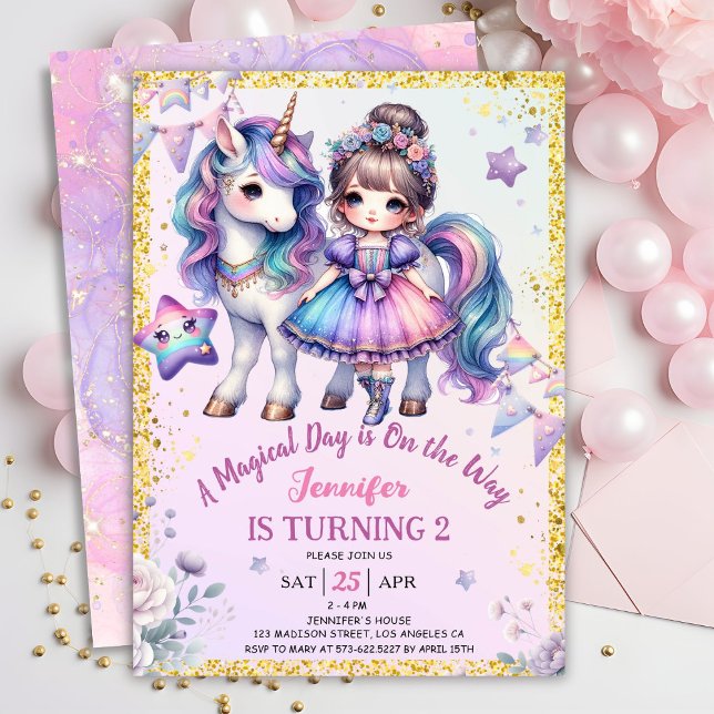 Invitation Girls Princess Unicorn 2e anniversaire Purple Gold (Créateur téléchargé)