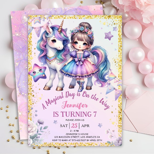 Invitation Girls Princess Unicorn 7e anniversaire Purple Gold (Créateur téléchargé)