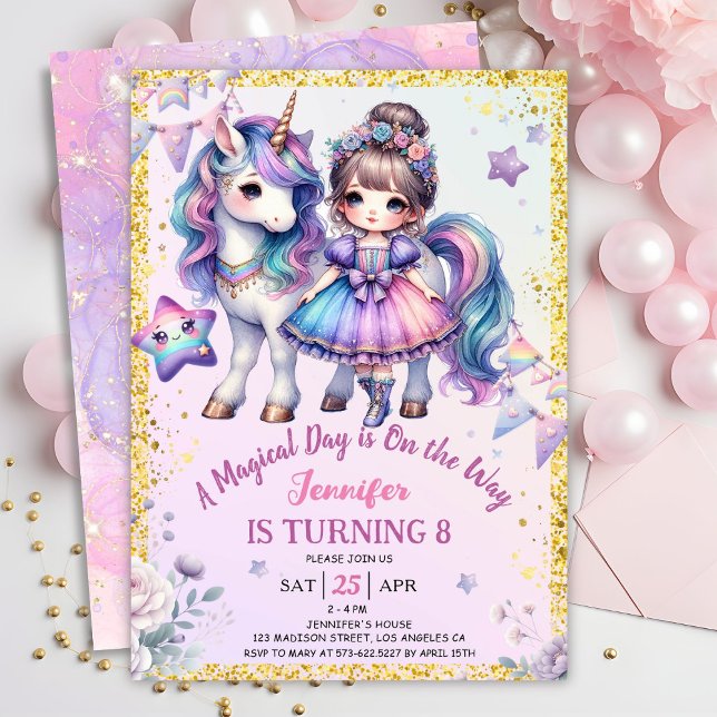 Invitation Girls Princess Unicorn 8e anniversaire Purple Gold (Créateur téléchargé)