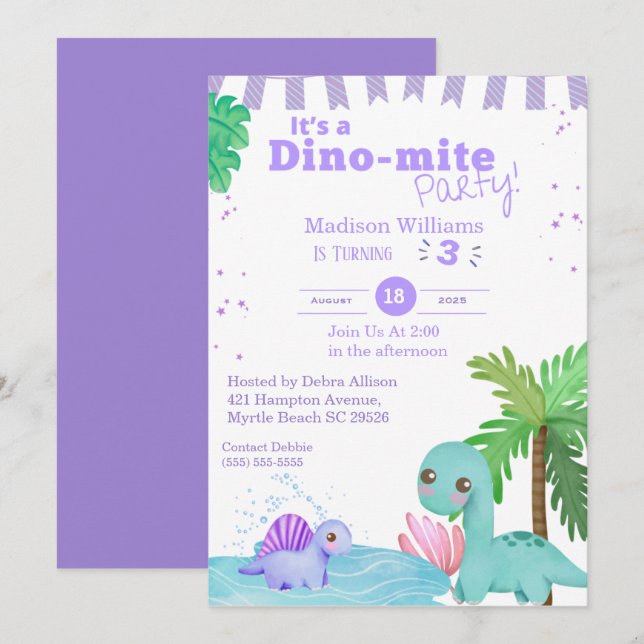 Invitation Girls Purple Dinosaur 3e fête d'anniversaire (Devant / Derrière)