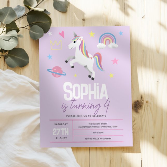 Invitation Girls Purple Girly Unicorn Enfants 4e anniversaire (Créateur téléchargé)