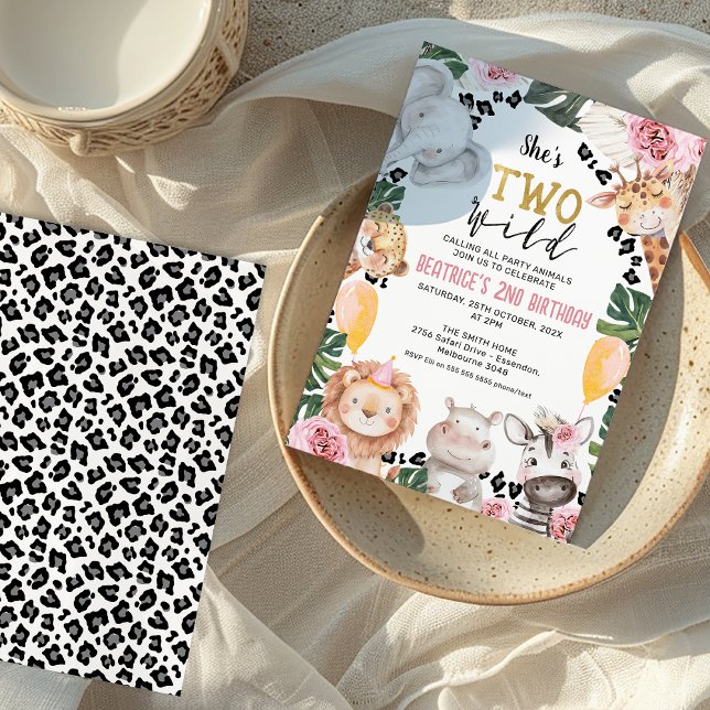 Invitation Girls Rose Rose Deux Safari sauvage 2e anniversair (Girls Safari Two Wild 2nd Birthday Invitation, Safari themed 2nd Birthday Invitation Girl, Cheetah )