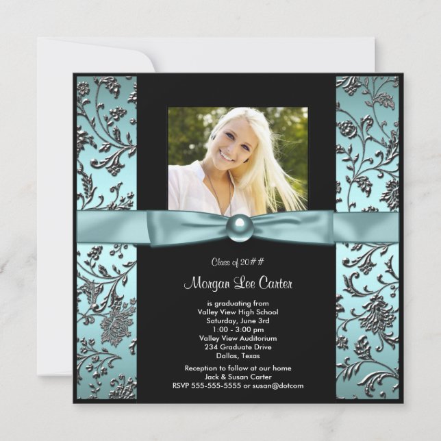 Invitation Girls Turquoise Blue Photo Graduation (Devant)