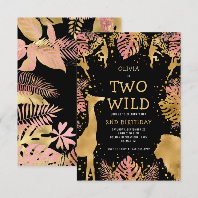 Invitation Girls Two Wild 2e Anniversaire Pink Black Safari (Devant / Derrière)